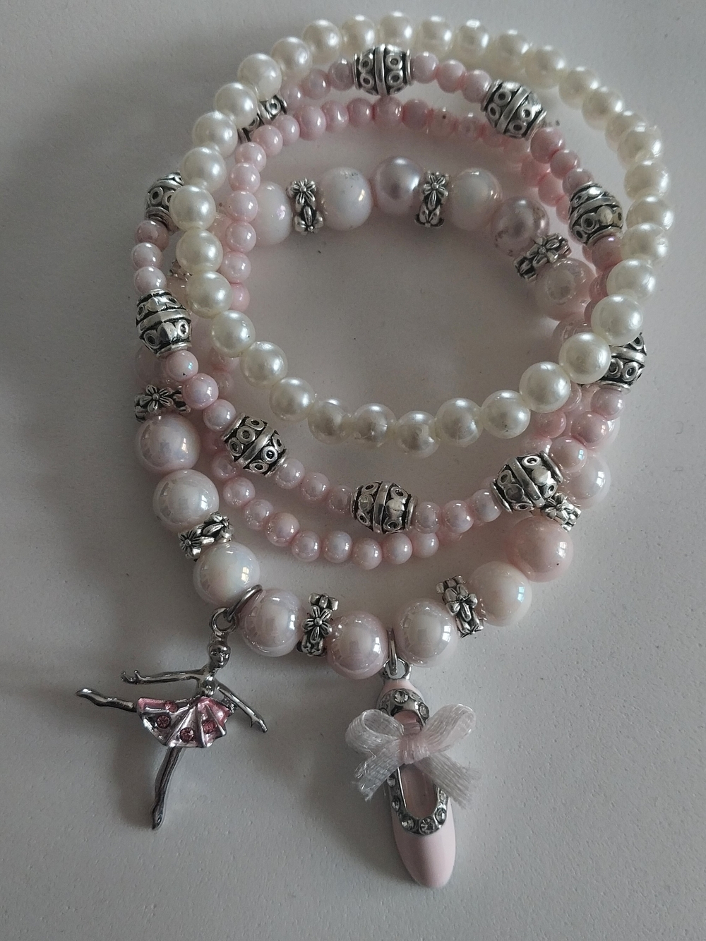 Delicate Pink Pearl Bracelet Stack with Ballerina & Ballet Slipper Charms